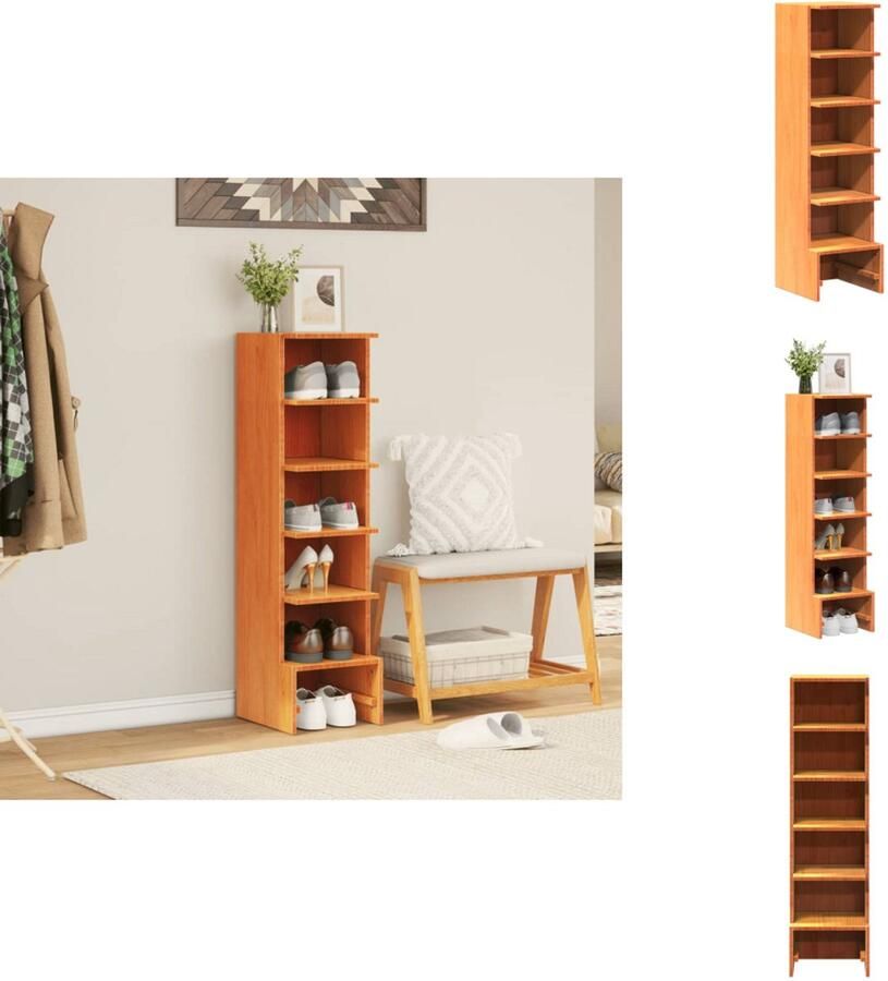 VidaXL Schoenenkast Schoenenkasten Schoenenrek Schoenenbank Schoenenkast 28x30x104 cm massief grenenhout wasbruin
