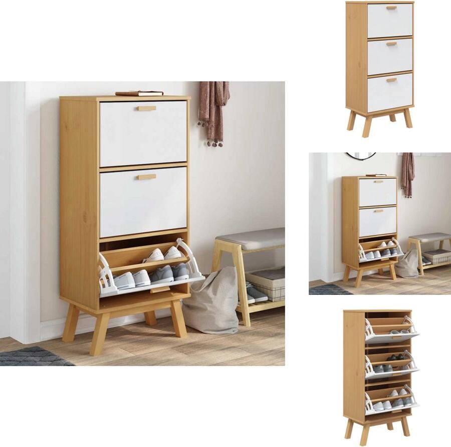 VidaXL Schoenenkast Schoenenkasten Schoenenrek Schoenenbank Schoenenkast OLDEN 55x35x120 cm grenenhout wit en bruin