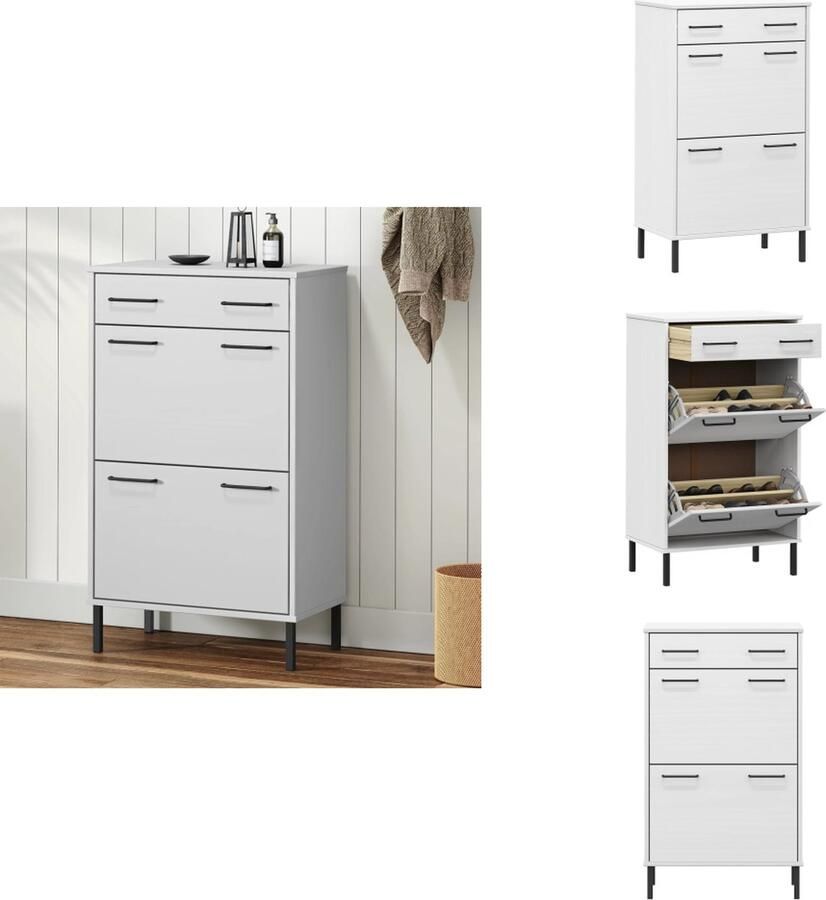 VidaXL Schoenenkast Schoenenkasten Schoenenrek Schoenenrekken Schoenenkast met metalen poten OSLO massief grenenhout wit