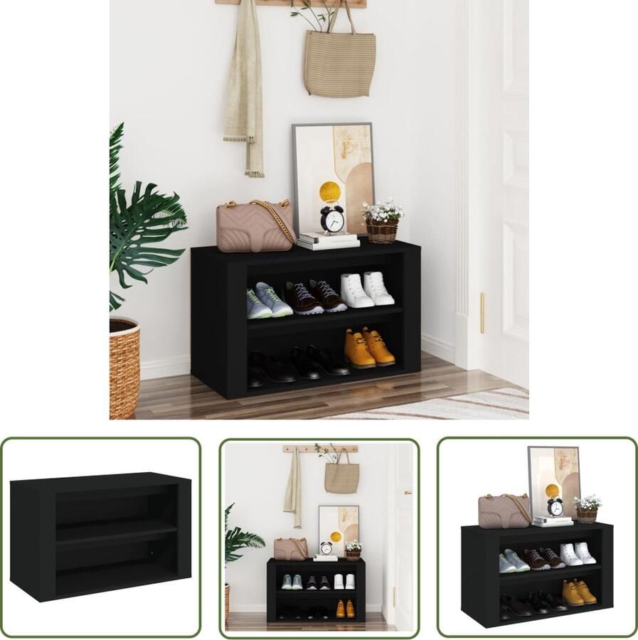 The Living Store Schoenenrek Schoenenkast 75 x 35 x 45 cm Zwart Schoenenrek Schoenenkast Houten Schoenenkast Zwarte Schoenenkast Compact Schoenenrek - Foto 2