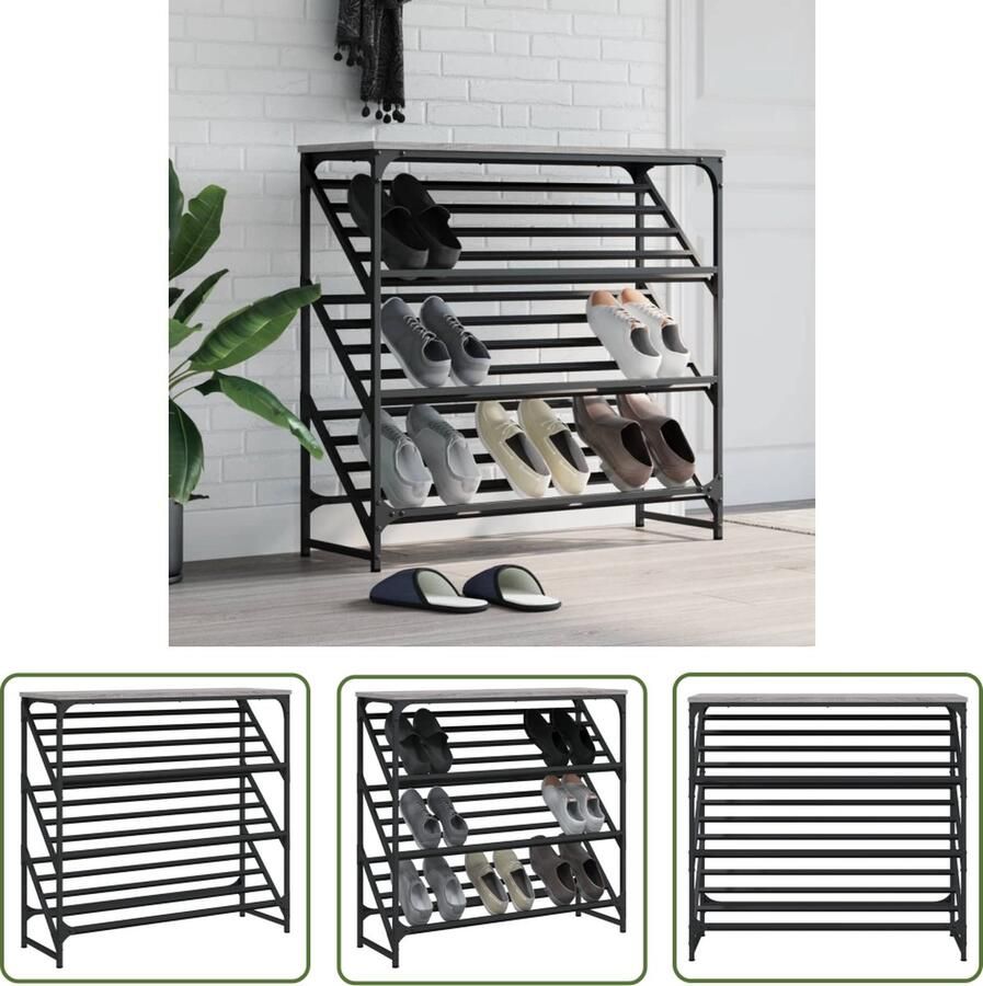 The Living Store Schoenenrek Grijs Sonoma Eiken 90x30x85 cm Duurzaam bewerkt hout Stabiel stalen frame Schoenenrek Schoenenkast Houten Schoenenrek Grijze Schoenenkast Vintage Schoenenkast