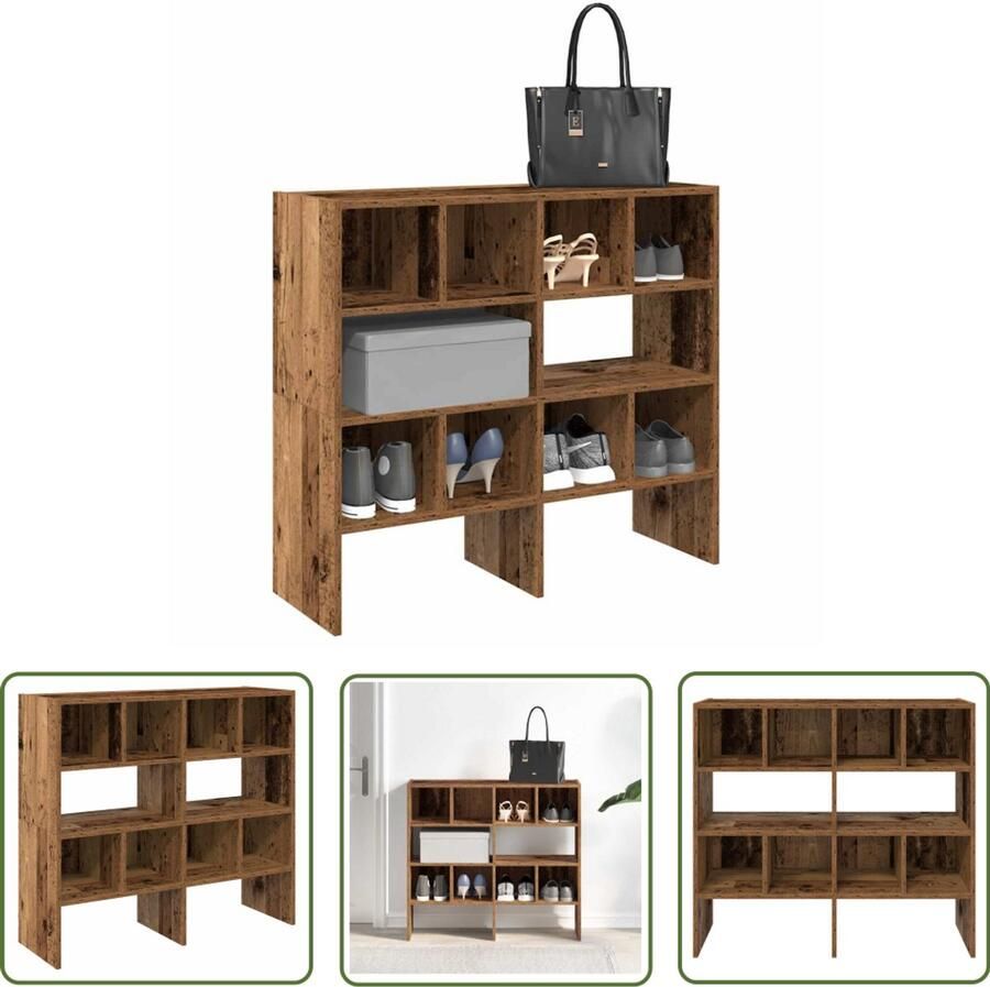 The Living Store Schoenenrekken 2 st stapelbaar 89 5x30x40 cm oud houtkleurig Schoenenrek Schoenenkast Houten Schoenenrek Opbergplank Organisatie