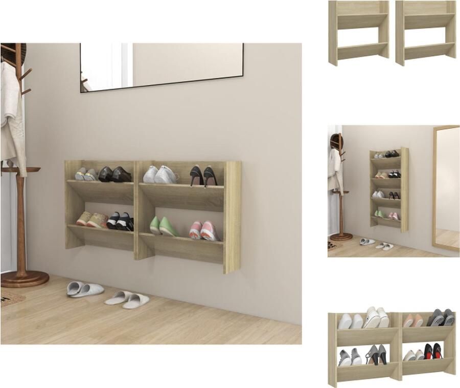 VidaXL Schoenenkast Wandbevestiging Sonoma eiken 60 x 18 x 60 cm 2 schappen Schoenenkast