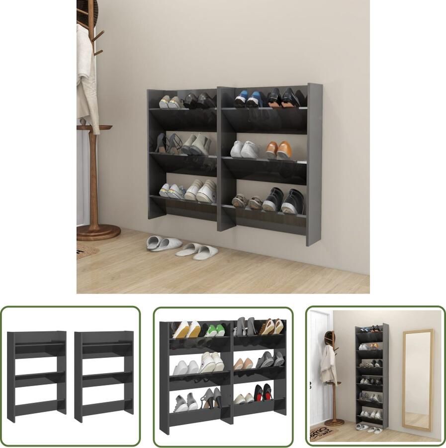 The Living Store Schoenenkast Moderne schoenenkastset 60 x 18 x 90 cm Hoogglans grijs Moderne Schoenenkast Wanden Schoenendoos Schoenen Organizer Wandplank Schoenen - Foto 2