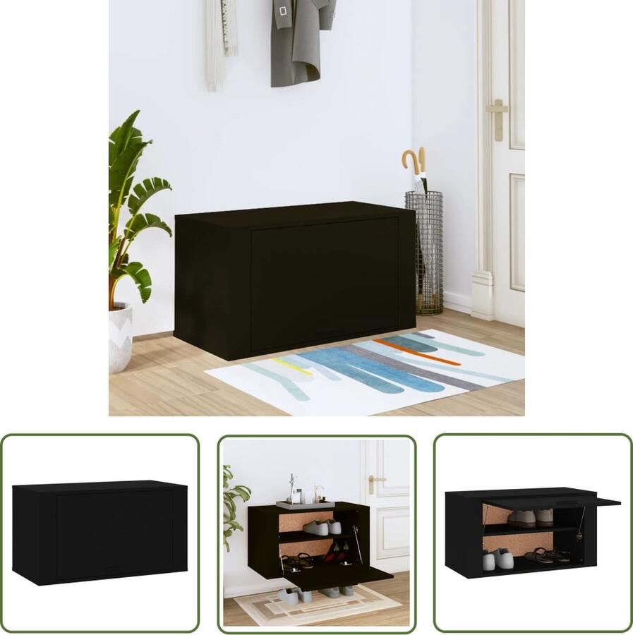 The Living Store Wandgemonteerde schoenenkast Zwarte bewerkt hout 70x35x38cm Wandkasten Schoenenkast Schoenenopbergers Houten Schoenenkast Zwarte Schoenenkast - Foto 2
