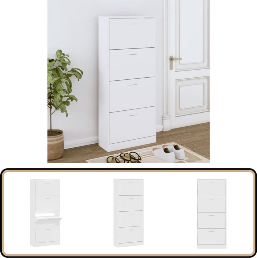 VidaXL Schoenenkast Wit 63x24x147 cm Bewerkte Hout Schoenenkast Schoenen Rek Bergruimte Kastje Interieurdecoratie