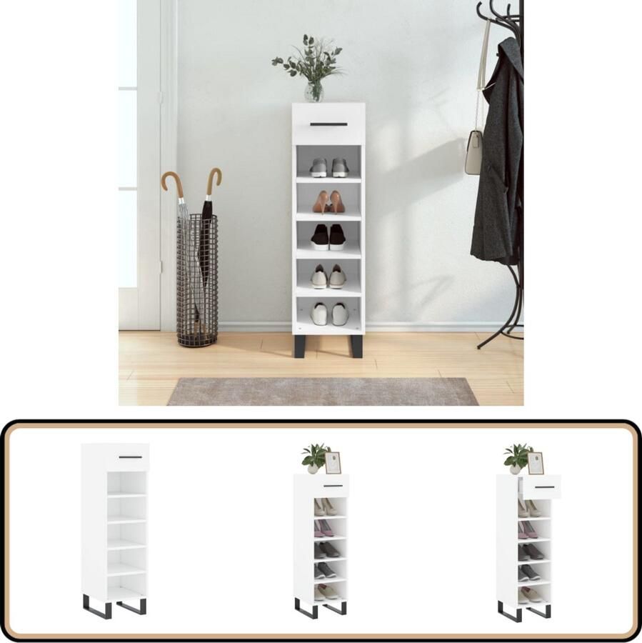 VidaXL Schoenenkast Wit Bewerkt Hout 30x35x105 cm Schoenenkast Schoenenopbergers Schoenuitlegger Kastje Bergruimte