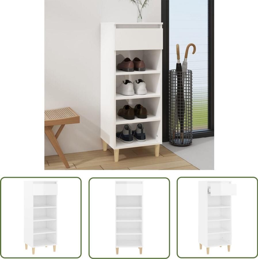 The Living Store Schoenenkast Compact Hout 40 x 36 x 105 cm Hoogglans wit Compacte Schoenenkast Wit Schoenenkast Hout Schoenen Rek Schoenen Organisatie - Foto 2
