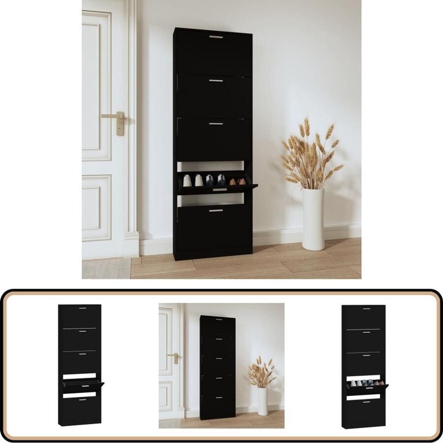 VidaXL Schoenenkast Zwart 59x17x169 cm Bewerkt hout Schoenenkast Schoenen Rek Schoenuitlegger Bergruimte Kastje Zwarte Kast Houten Kast