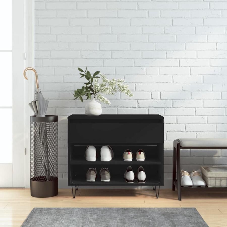 VidaXL Schoenenkast Zwart 70x36x60 cm Hout en Metaal Schoenenkast Schoenen Organisatie Kasten Bergruimte Entreehal Woonkamer Slaapkamer Modern Design Zwart - Foto 2