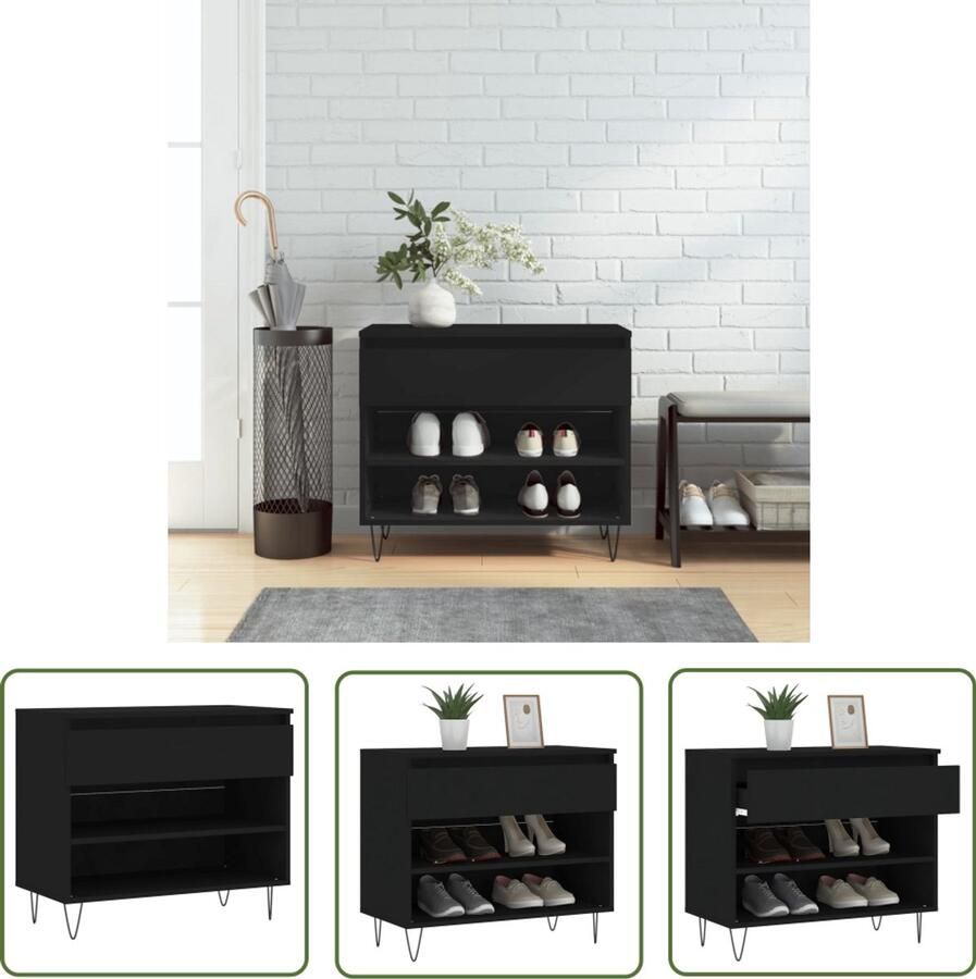 VidaXL Schoenenkast Zwart 70x36x60 cm Hout en Metaal Schoenenkast Schoenen Organisatie Kasten Bergruimte Entreehal Woonkamer Slaapkamer Modern Design Zwart