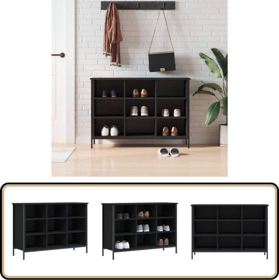 VidaXL Schoenenkast Zwart Bewerkt Hout 100x35x70 cm Schoenenkast Schoenenrek Opbergkast Kast Zwarte Schoenenkast