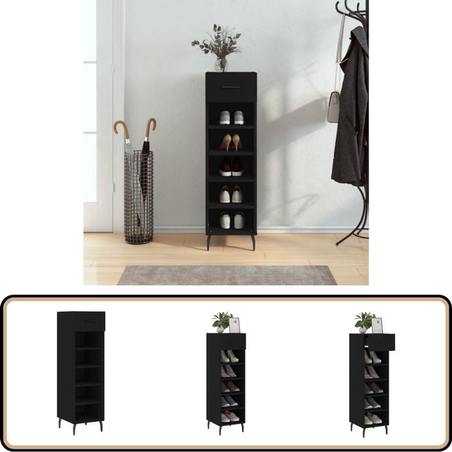 VidaXL Schoenenkast Zwart Bewerkt Hout 105 cm Schoenenkast Schoenen Rek Schoenuitlegers Kastje Bergruimte