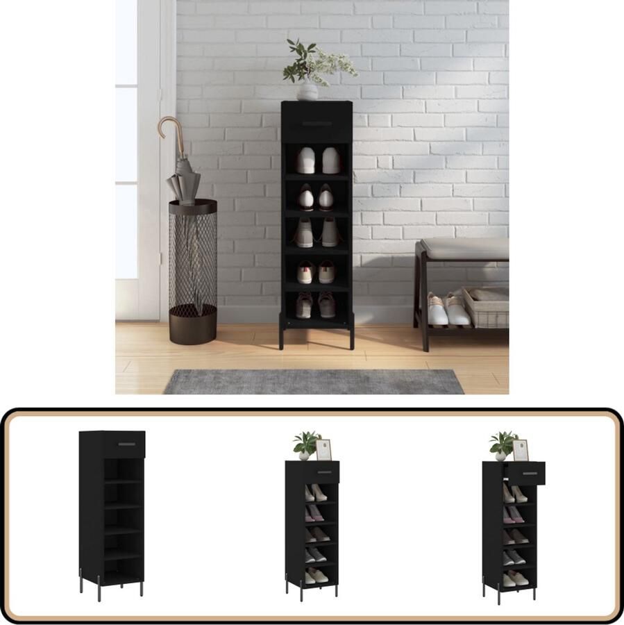 VidaXL Schoenenkast Zwart Bewerkt hout 105 cm Schoenenkast Schoenenopbergers Schoenuitbreiding Kastje Zwarte Kast