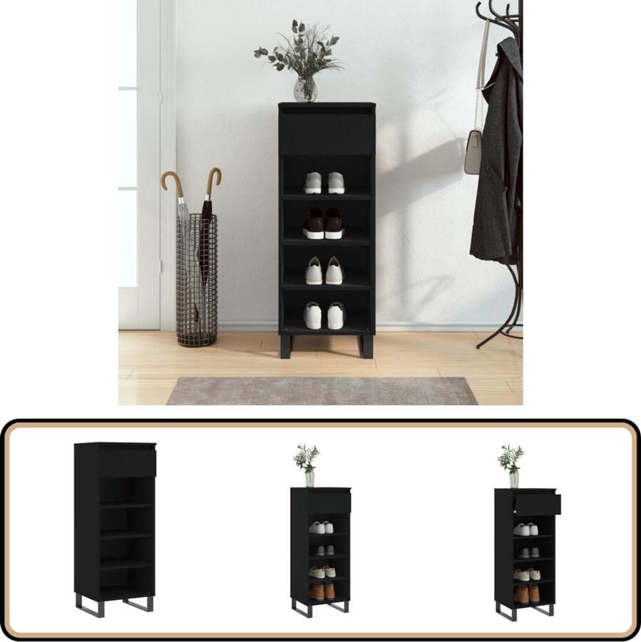 VidaXL Schoenenkast Zwart Bewerkt Hout 40x36x105 cm Schoenenkast Schoenuitleg Bergruimte Kastje Houten Kast