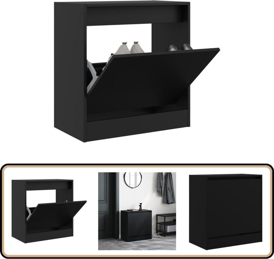 The Living Store Schoenenkast 60x34x63 5 cm bewerkt hout zwart Schoenenkast Schoenenopbergkast Houten Schoenenkast Compacte Schoenenkast Zwarte Schoenenkast - Foto 3