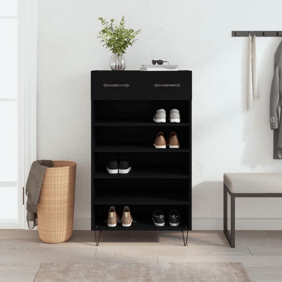VidaXL Schoenenkast Zwart Bewerkt hout 60x35x105 cm Schoenenkast Schoenen Rek Schoenuitlegers Bergruimte Zwarte Kast