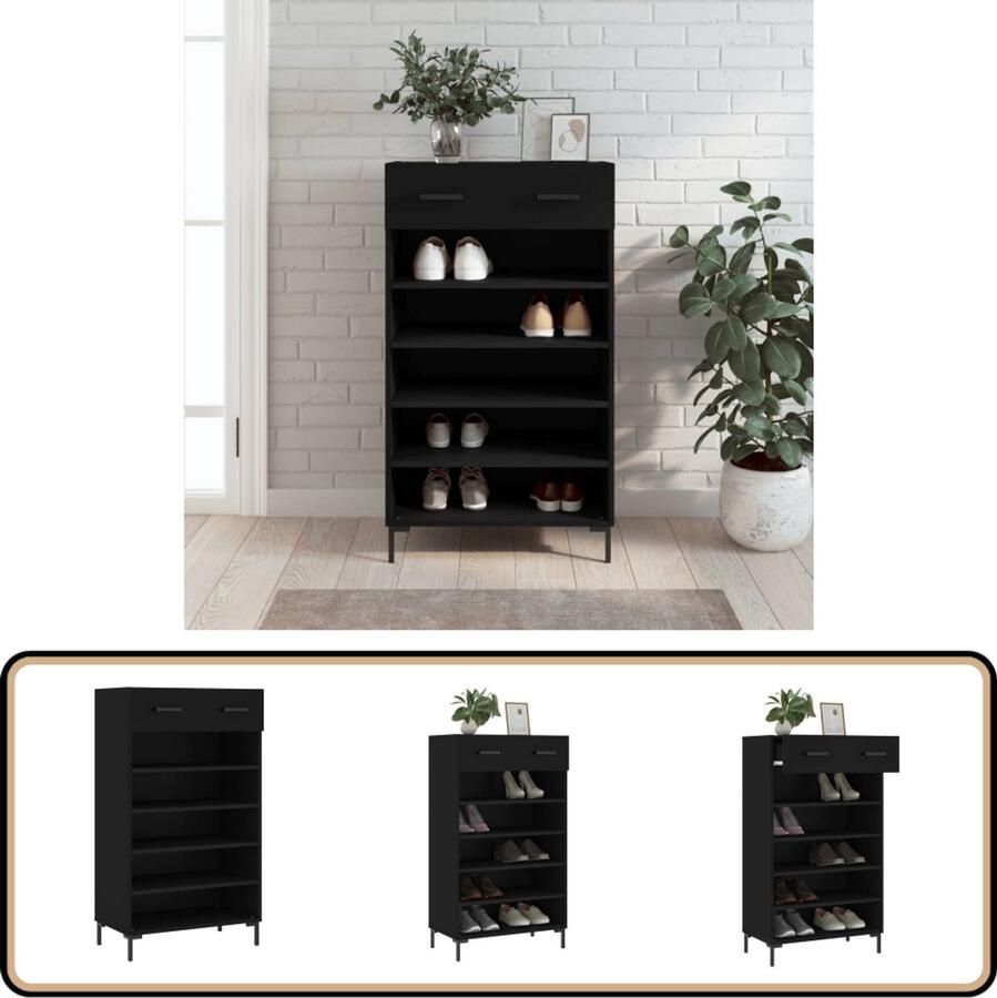 VidaXL Schoenenkast Zwart Bewerkt Hout 60x35x105 cm Schoenenkast Schoenuitlegers Bergruimte Kast Zwarte Kast