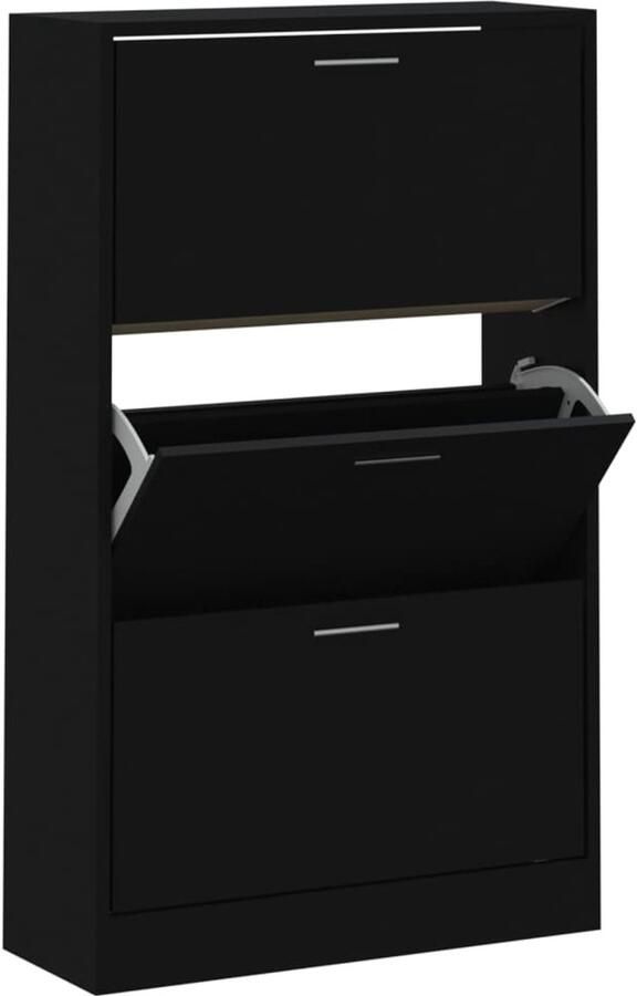 VidaXL Schoenenkast Zwart Bewerkt hout 63x24x103 cm Schoenenkast Schoenen Rek Schoenuitlegger Bergruimte Kastje Interieurdecoratie Zwarte Kast Houten Kast