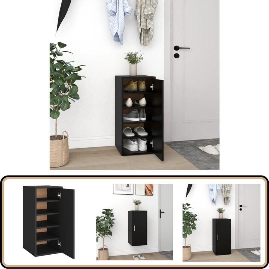 VidaXL Schoenenkast Zwart Compact en Stijlvol Schoenenkast Schoenenopbergt Schoenuitlegger Houten Schoenenkast Zwarte Schoenenkast Compact Schoenenkast Muurschrank