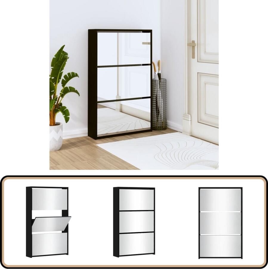 VidaXL Schoenenkast Zwart Spiegel 3 Lagen Schoenenkast Schoenen Rek Bergruimte Schoenen Organisatie Schoenen Kast Zwarte Kleur Houten Schoenenkast