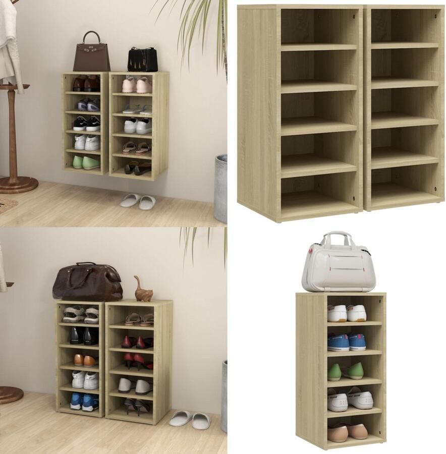 VidaXL Schoenenkasten 2 st 31-5x35x70 cm spaanplaat sonoma eikenkleur Schoenenkast Schoenenkasten Schoenenopbergers