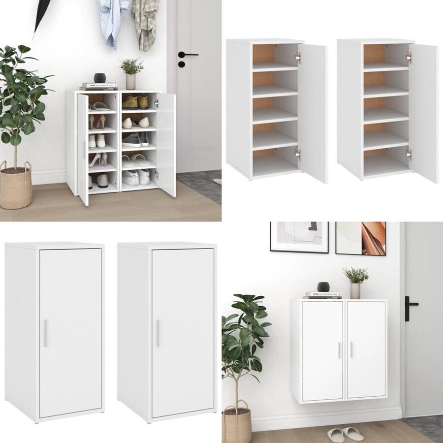 VidaXL Schoenenkasten 2 st 32x35x70 cm bewerkt hout wit Schoenenkast Schoenenkasten Schoenenopbergers