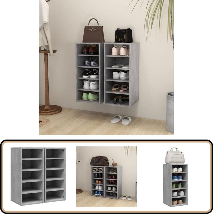 VidaXL Schoenenkasten 2 stuks Betongrijs Bewerkt Hout Schoenenkast Schoenenopbergen Bergruimte Entree Meubilair Woonkamer Accessoires Modern Design Grijze Kast