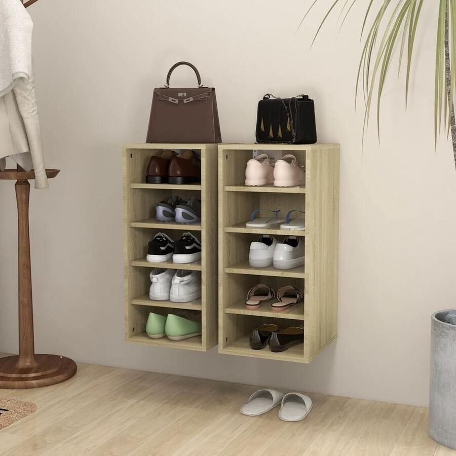 VidaXL Schoenenkasten 2 stuks Sonoma eiken 70 cm Schoenenkast Schoenenopbergers Houten Kast Bruine Kast Wandmontage Schoenen Organisatie Interieur Decoratie Entree Meubilair Compact Design Stijlvolle Schoenenkast - Foto 2