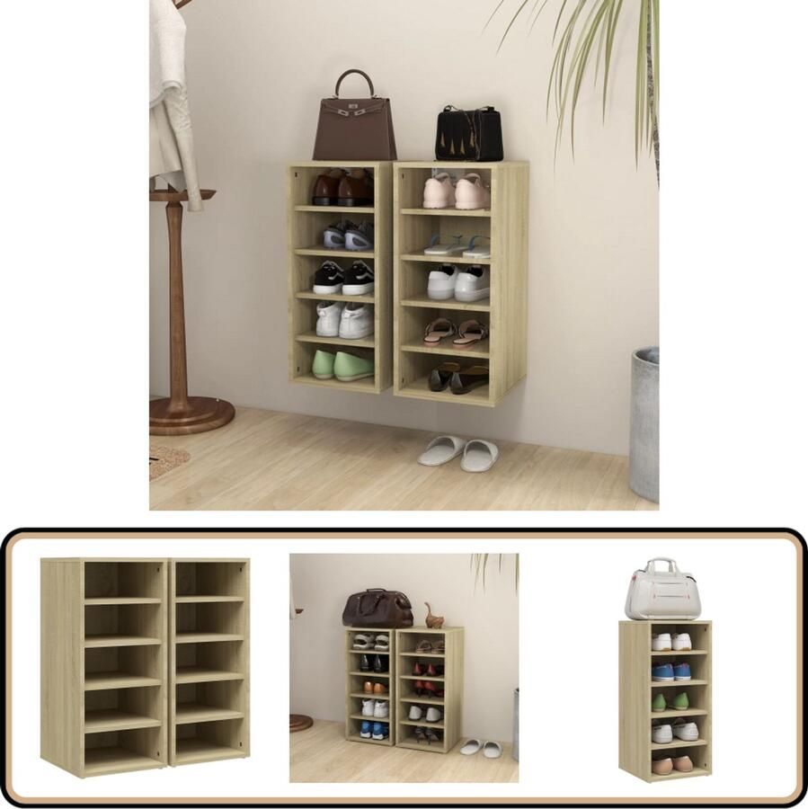 VidaXL Schoenenkasten 2 stuks Sonoma eiken 70 cm Schoenenkast Schoenenopbergers Houten Kast Bruine Kast Wandmontage Schoenen Organisatie Interieur Decoratie Entree Meubilair Compact Design Stijlvolle Schoenenkast