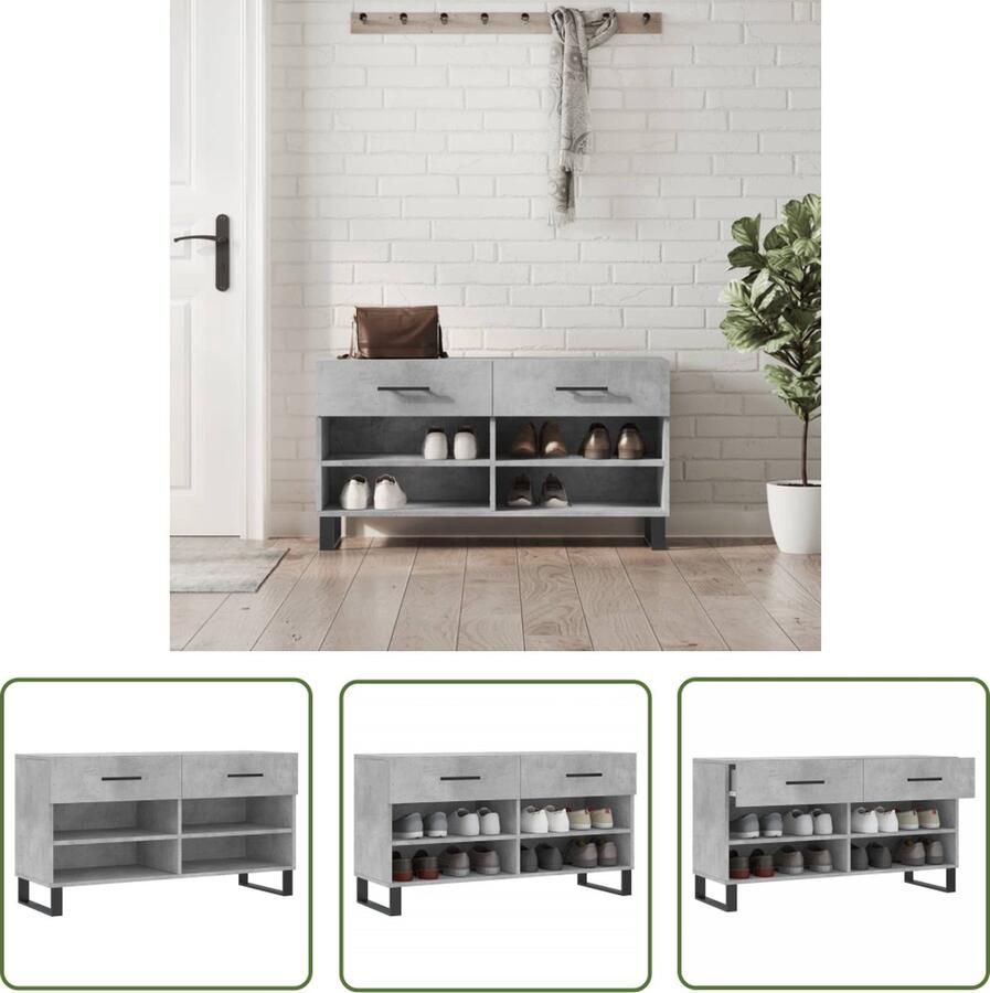 The Living Store Schoenenbank Betongrijs Bewerkt hout en ijzer 102 x 35 x 55 cm Trendy en praktisch Schoenenbank Schoenenkasten Opbergbank Houten Bank Industrieel Design - Foto 2