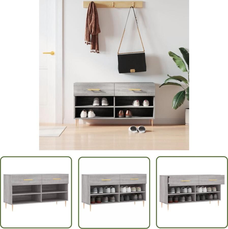 The Living Store Schoenenbank 102x35x55 cm bewerkt hout grijs sonoma eikenkleur Schoenenbank Houten Schoenenbank Grijze Schoenenbank Schoenen Kast Schoenuitlegers - Foto 3