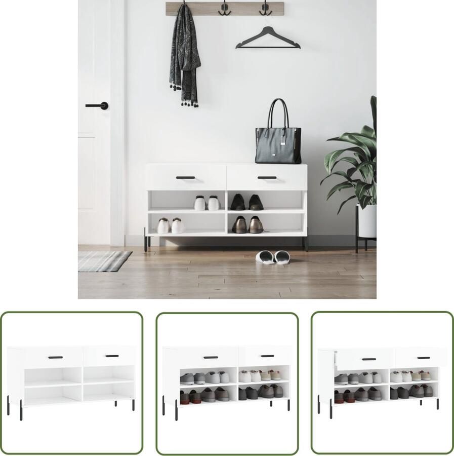 The Living Store Schoenenbank Trendy Opbergen 102 x 35 x 55 cm Hoogglans wit Schoenenbank Schoenenkasten Opbergmeubels Entreetafel Woonkamerinrichting - Foto 2