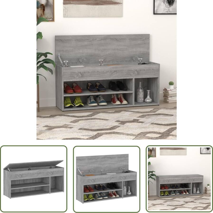 The Living Store Schoenenbank Trendy Opbergbank Afmeting 105 x 30 x 45 cm Kleur Grijs Sonoma Eiken Schoenenbank Schoenenkasten Opbergbank Houten Meubilair Grijze Meubelen - Foto 2