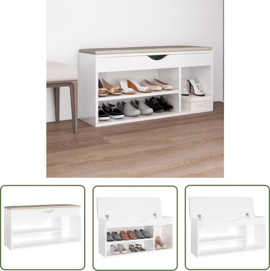 The Living Store Schoenenbank met kussen 104x30x49 cm bewerkt hout hoogglans wit Schoenenbank Schoenenkasten Schoenuitleg Bergruimte Entree Meubilair - Foto 2
