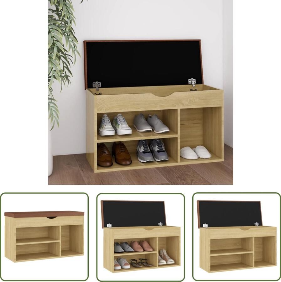 The Living Store Schoenenbank met kussen 80x30x47 cm bewerkt hout sonoma eiken Schoenenbank Schoenenkasten Schoenuitlegers Bergruimte Salon Meubilair - Foto 2