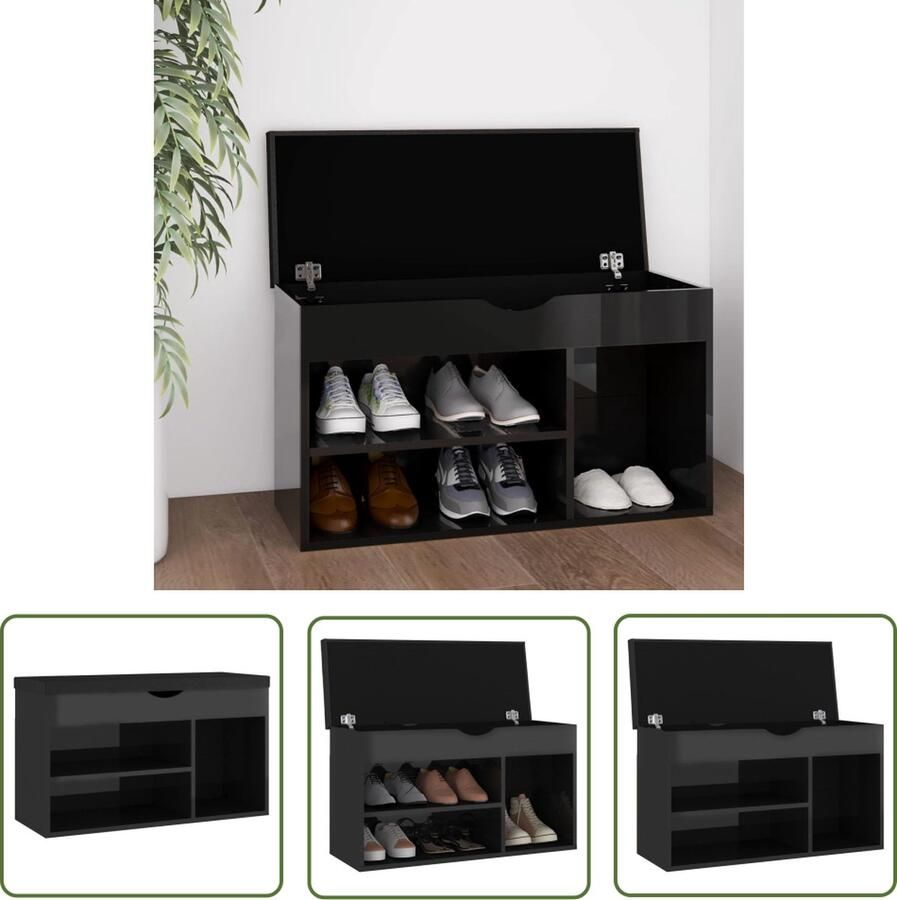The Living Store Schoenenbank met kussen 80x30x47 cm hout hoogglans zwart Schoenenbank Schoenenkasten Schoenuitleg Inrichting Hal Meubilair Hal - Foto 2