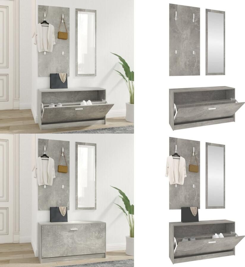 VidaXL Schoenenkastset 3-in-1 bewerkt hout betongrijs Schoenenkast Schoenenkasten Schoenenkast Set Schoenenkastset