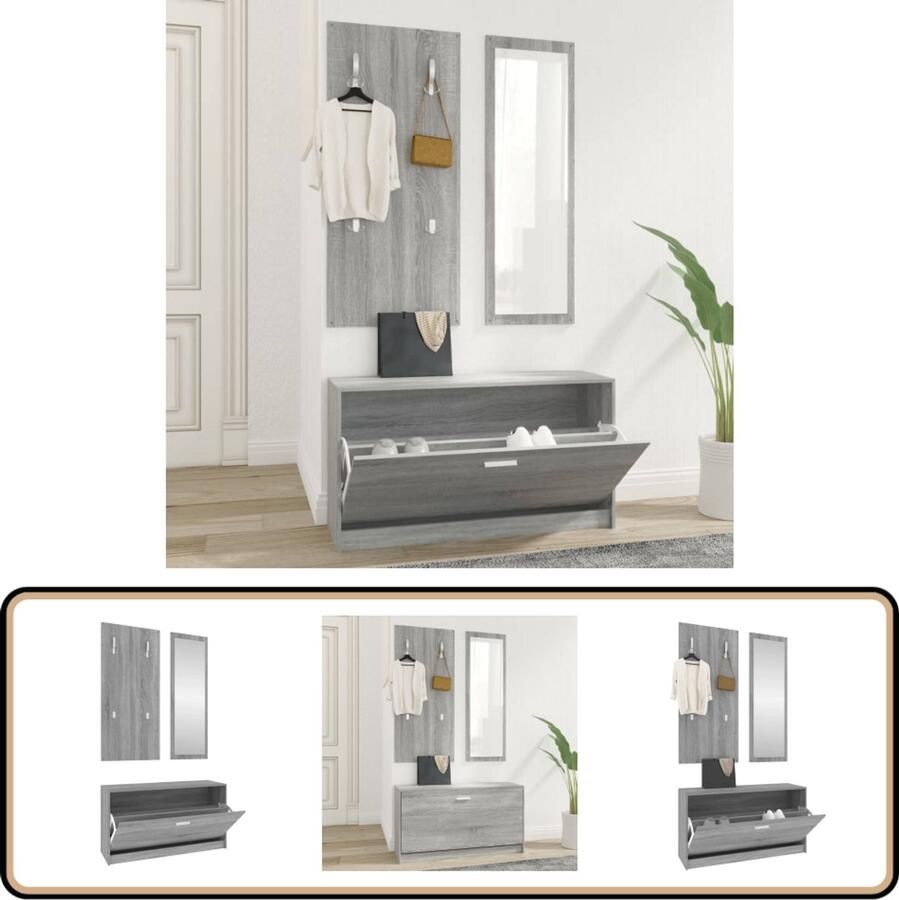 VidaXL Schoenenkastset 3-in-1 Grijs Sonoma Eiken Schoenenkast Kapstok Spiegel Interieurdecoratie Opbergmeubel - Foto 2