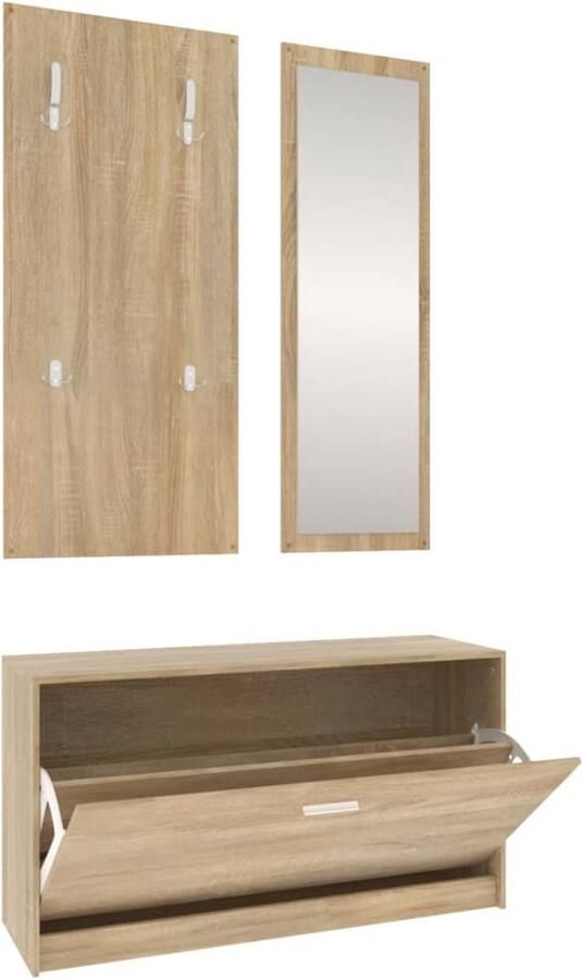 VidaXL Schoenenkastset 3-in-1 Sonoma Eiken Schoenenkast Kapstok Schoenenrek Garderobe Vintage Kast Bruine Meubels Houten Meubelen Woonkamer Decoratie Entreeplanning Organisatie Tips