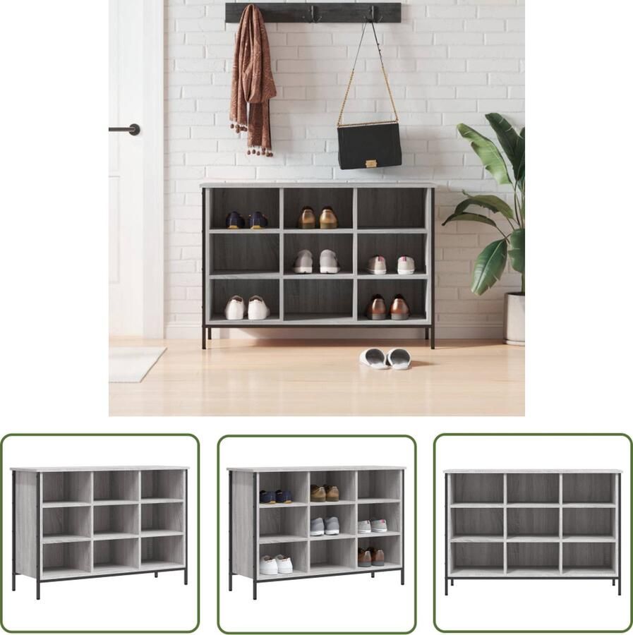 The Living Store Schoenenkast Grijs Sonoma Eiken 100 x 35 x 70 cm Bewerkt hout en gepoedercoat staal Schoenenkast Schoenenopbergers Houten Schoenenkast Grijze Schoenenkast Schoenenbanken - Foto 2