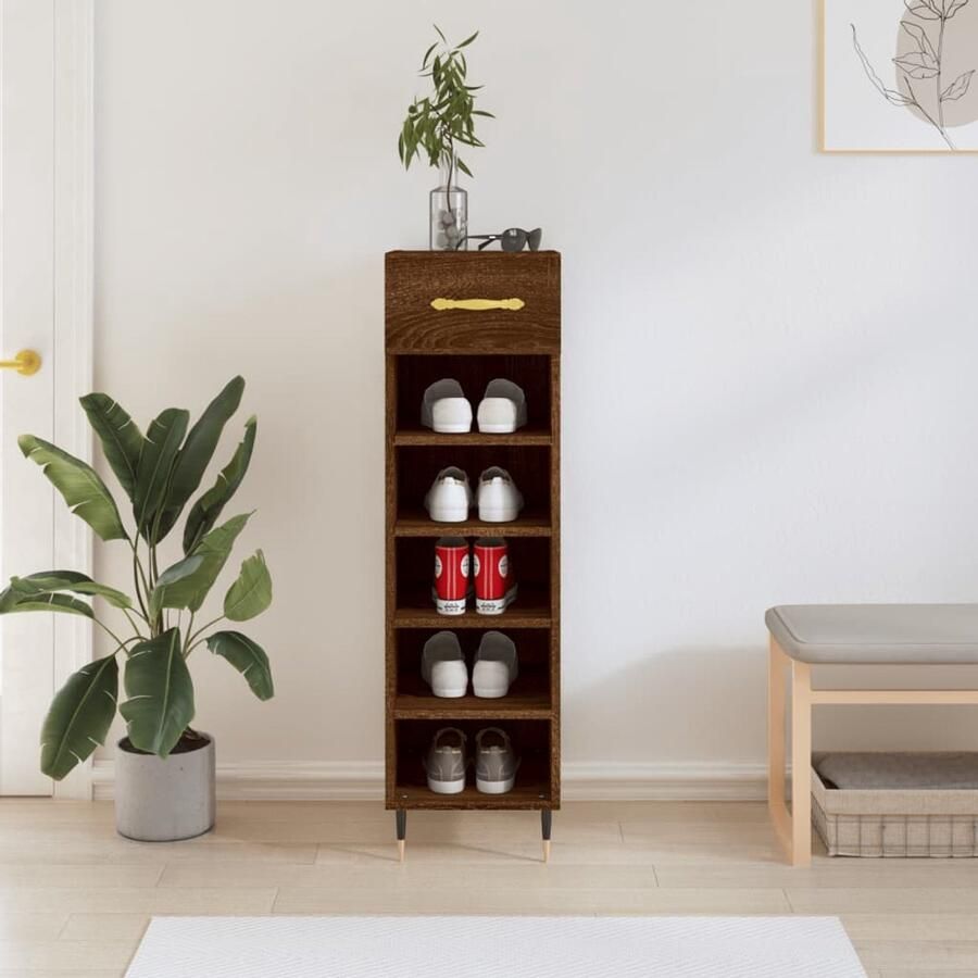 The Living Store Schoenenkast 30x35x105 cm bewerkt hout bruin eikenkleur Schoenenkast Schoenenopbergers Houten Kast Bruine Eiken Kleur Bergruimte
