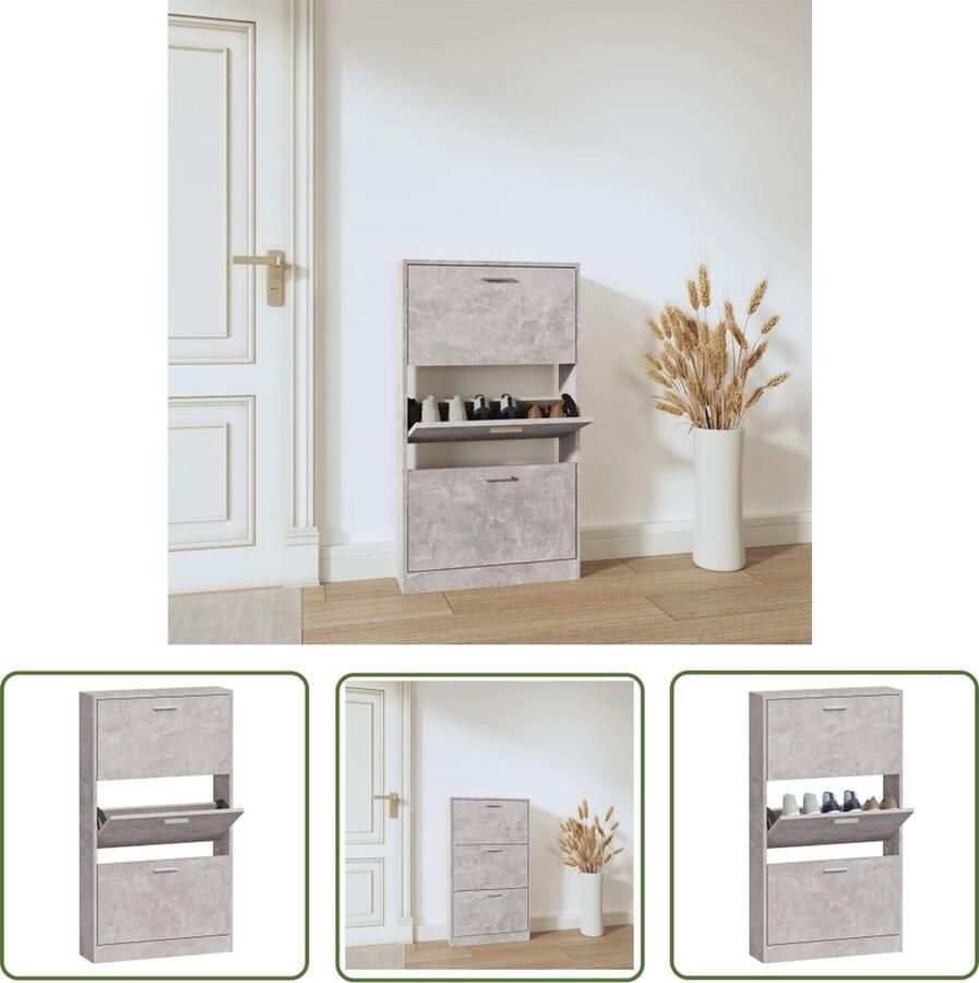 The Living Store Schoenenkast Betongrijs 59 x 17 x 108 cm 3 lades Duurzaam hout Schoenenkast Schoenenopbergers Houten Schoenenkast Grijze Schoenenkast Vintage Schoenenkast - Foto 3