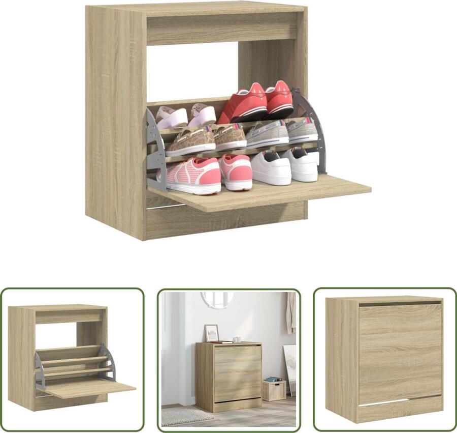 The Living Store Schoenenkast 60x42x69 cm bewerkt hout sonoma eikenkleurig Schoenenkast Schoenenopbergers Compact Design Bruine Schoenenkast Houten Schoenenkast