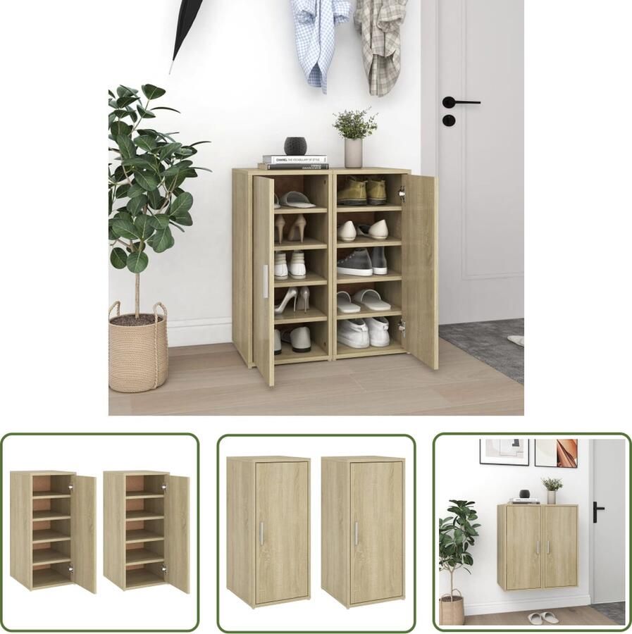 The Living Store Schoenenkasten 2 st 32x35x70 cm spaanplaat sonoma eikenkleurig Schoenenkast Schoenenopbergers Shoe Storage Kast Bergruimte - Foto 3