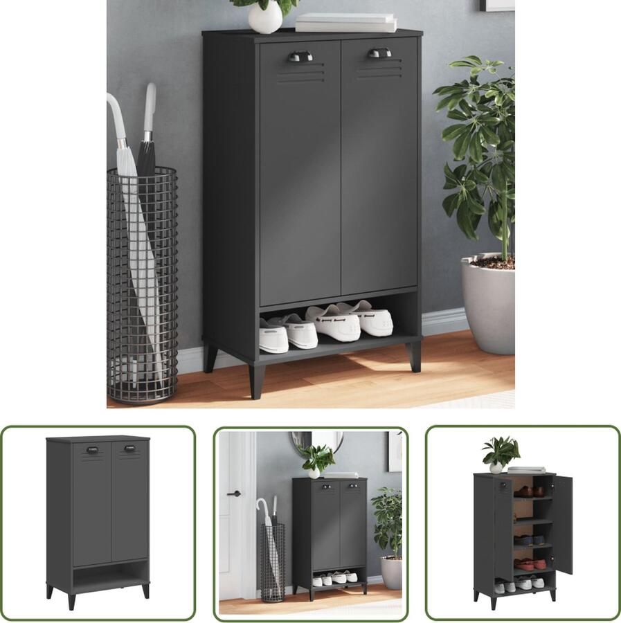 The Living Store Schoenenkast VIKEN bewerkt hout antracietgrijs Schoenenkast Schoenenopbergers Bergruimte Interieurdecoratie Houten Schoenenkast