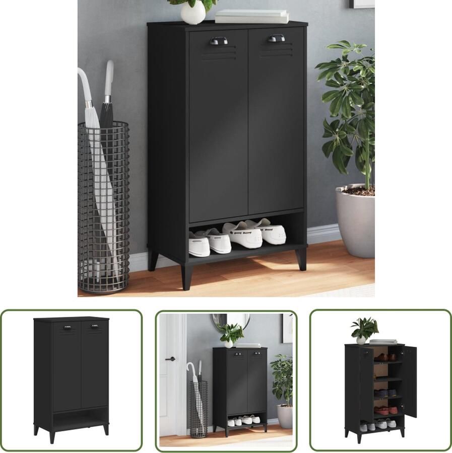 The Living Store Schoenenkast VIKEN bewerkt hout zwart Schoenenkast Schoenenopbergers Houten Schoenenkast Zwarte Schoenenkast Compact Schoenenkast