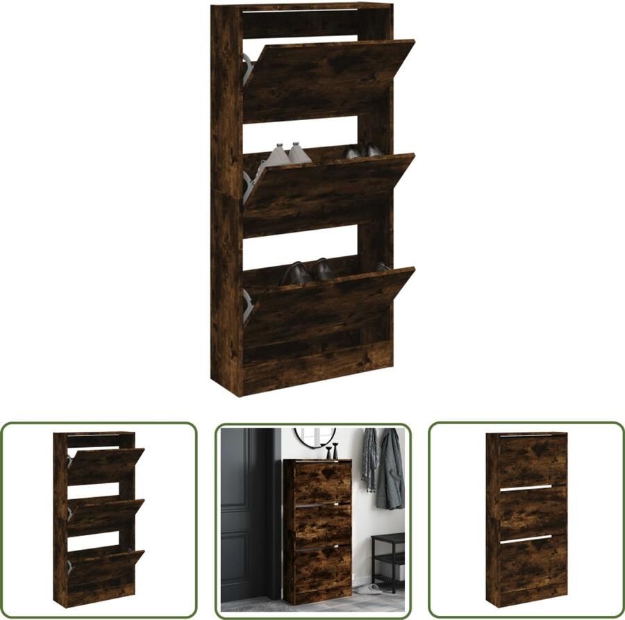 The Living Store Schoenenkast 60x21x125 5 cm bewerkt hout gerookt eikenkleurig Schoenenkast Schoenenopbergkast Smal Compact Houten Schoenenkast
