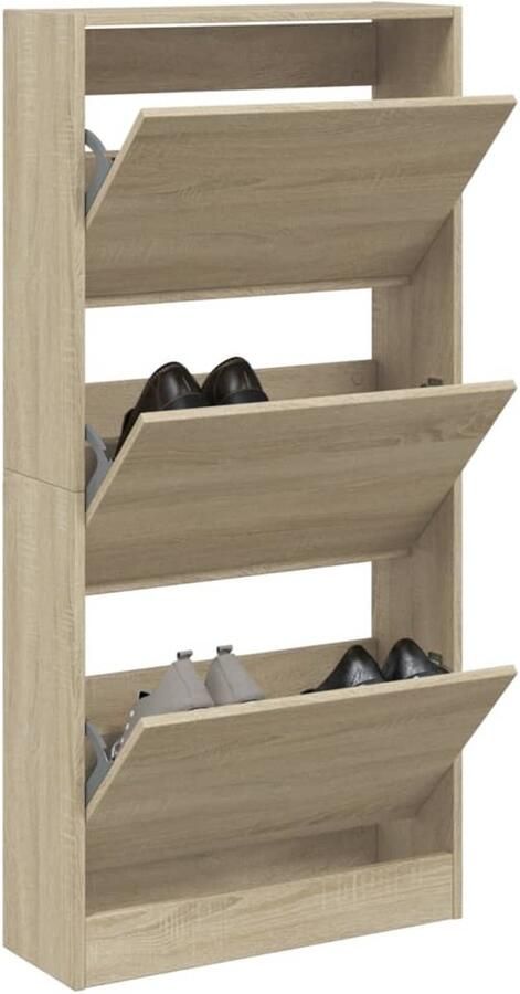 The Living Store Schoenenkast 60x21x125 5 cm bewerkt hout sonoma eikenkleurig Schoenenkast Schoenenopbergkast Slimline Eiken Bruine Schoenenkast