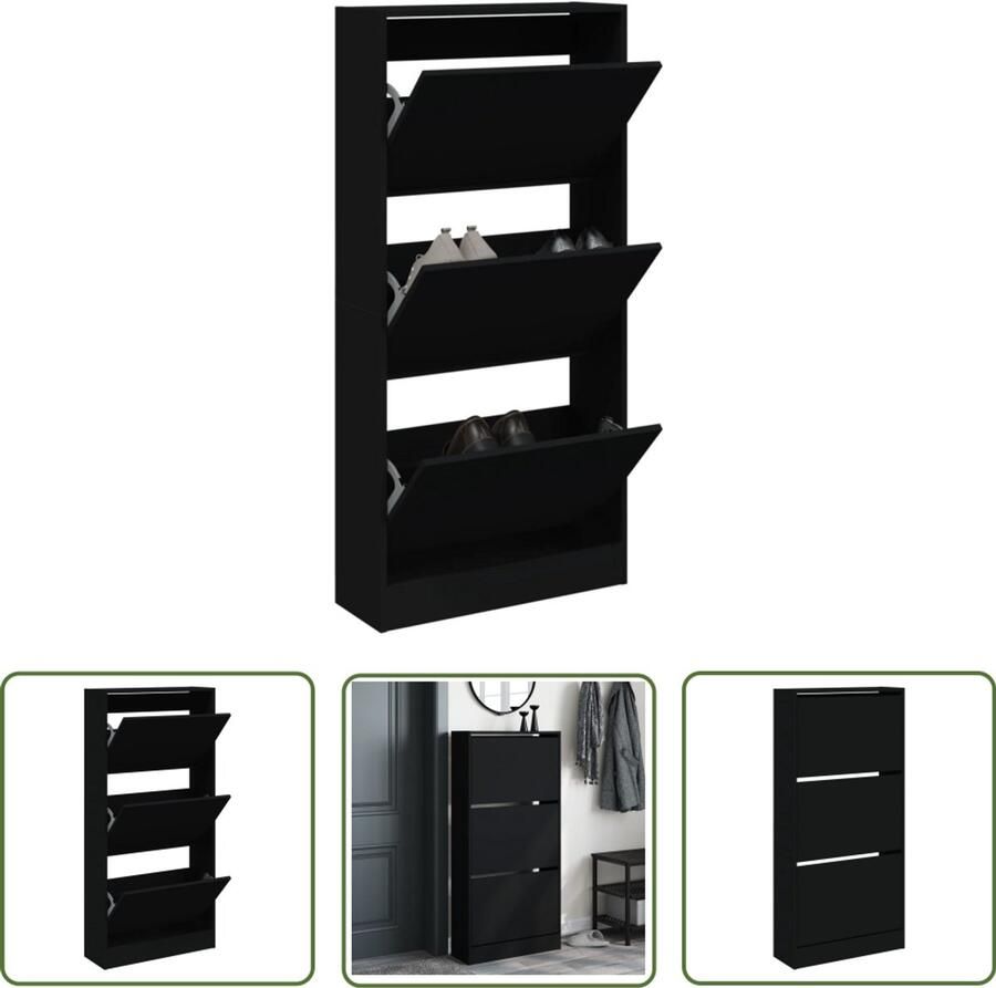 The Living Store Schoenenkast 60x21x125 5 cm bewerkt hout zwart Schoenenkast Schoenenopbergkast Kledingkast Entryway Furniture Compact Meubel